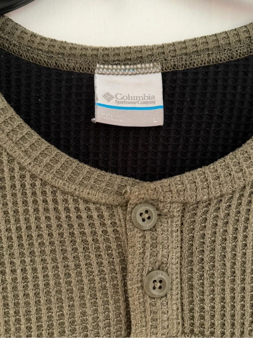 Columbia Olive Waffle-Knit Crewneck Sweater with Henley Placket